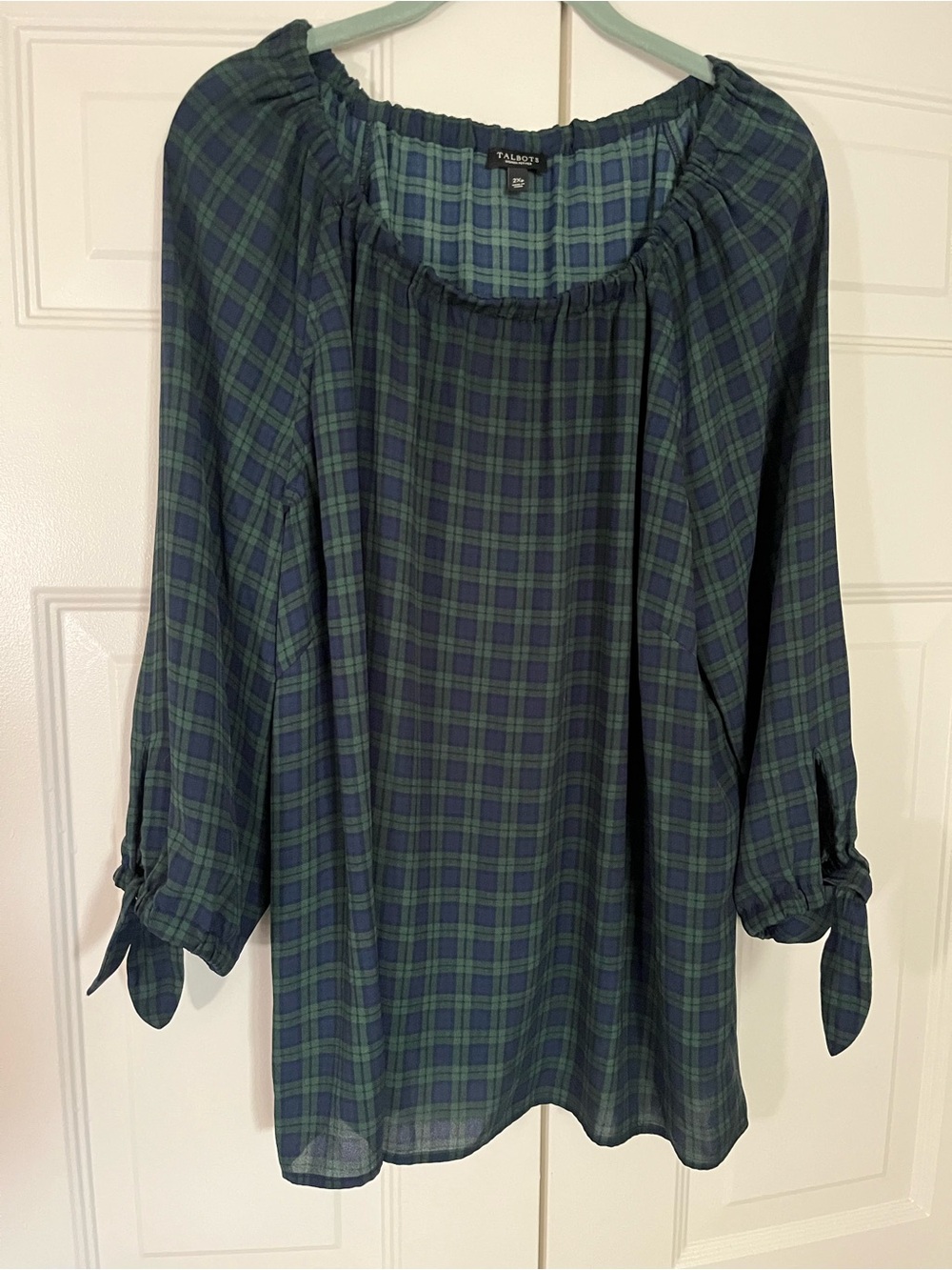 Talbots 2X Plaid 3/4 sleeve Tie Cuff Peasant Blouse